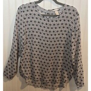 H&M Women’s Black White Star Print Blouse Button Up Back Long Sleeves Size 10